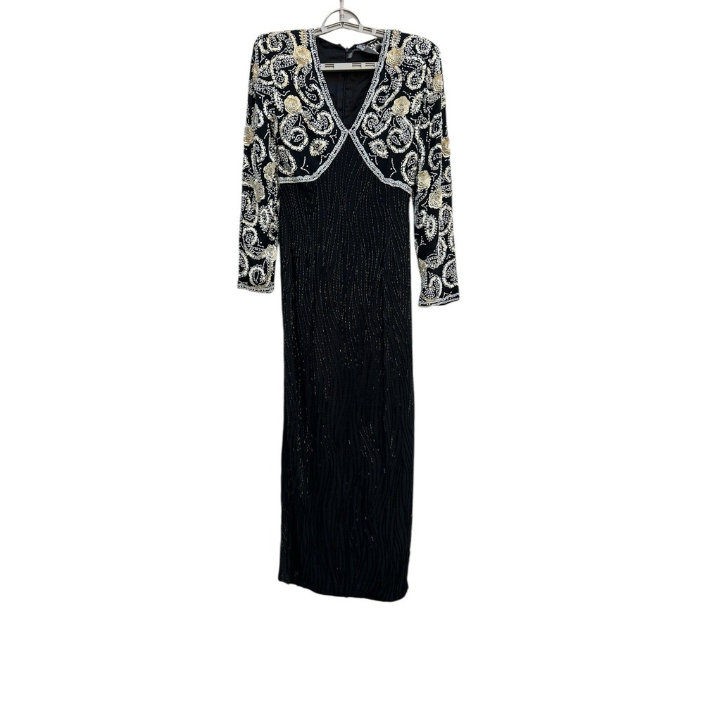 VTG 80s Sho Max Originals Black Silk Beaded Sequin Long Gown Sz 4 Paisley Floral